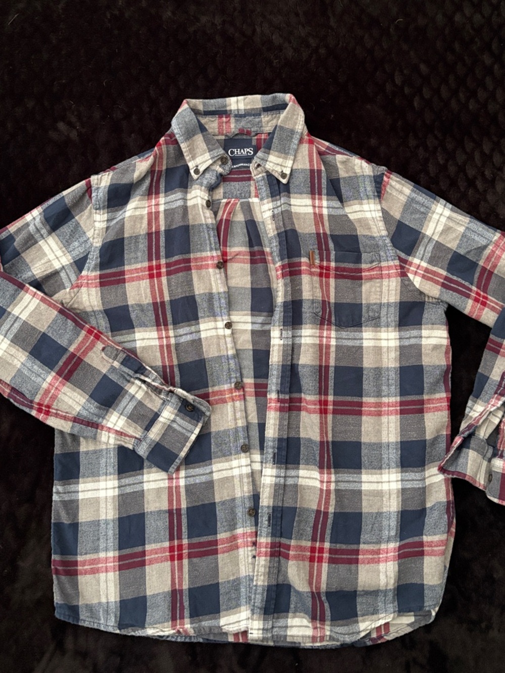 Chaps Performance Men’s Large Plaid Button Down Shirt Blue Red 100% Cotton